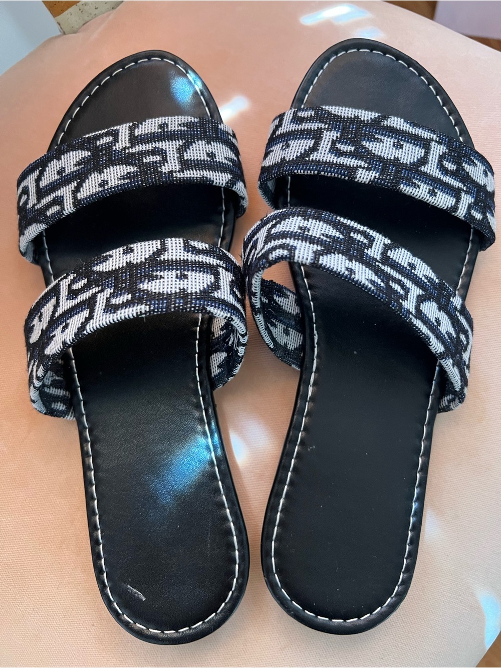 Black & White Patterned Double-Strap Slide Sandals